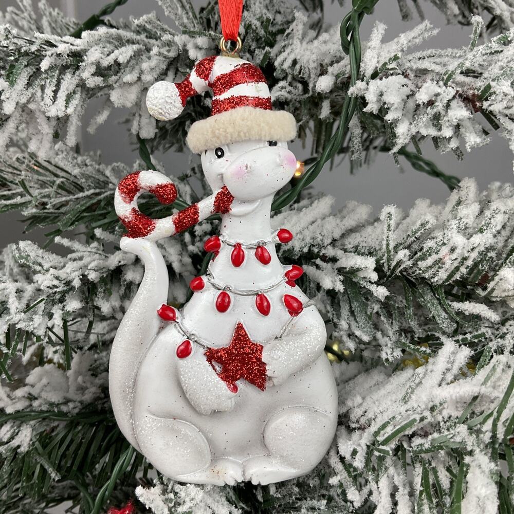 Christmas Ornament- White Festive Dinosaur With Candy Cane In Mouth
